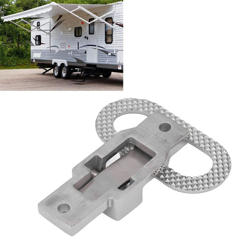 Close-up of 316 stainless steel folding foot pedal with spring-loaded mechanism for boat trailer/RV, marine-grade.