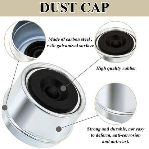 Dust cap for Heavy Duty Trailer Bearing Kit For 2000 To 2200 Pound 1 Inch Axles, made of carbon steel, galvanized finish, rubber inside.