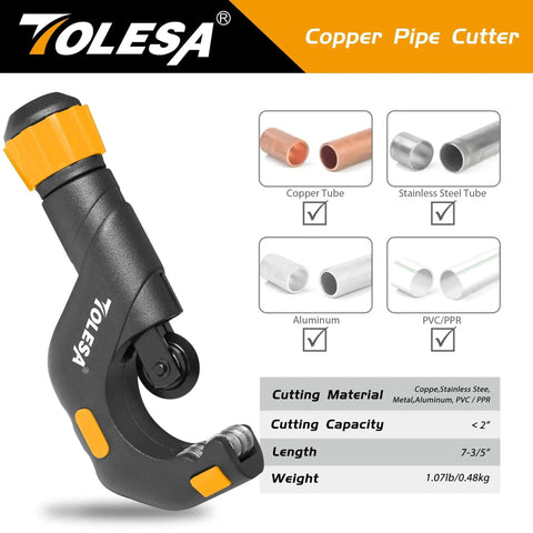 Heavy Duty Pipe Cutter Tool For 3/16 To 2 Inch OD Tubes With Deburring Tool and Reamer, shown with pipe types and specs.