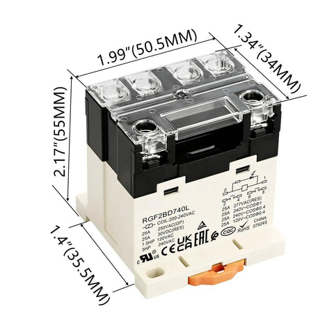 Heavy Duty General Purpose Relay RGF2BD740L 25A 200-240VAC Coil, 6 Pin DPST, shown with dimensions, LED indicator, and protection cover.