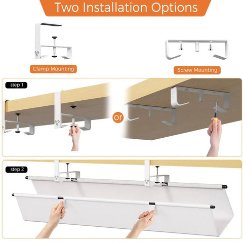 Under Desk Cable Management Tray 36 Inch Cord Organizer For Desk No Drill Fabric installation options showing clamp and screw mounts