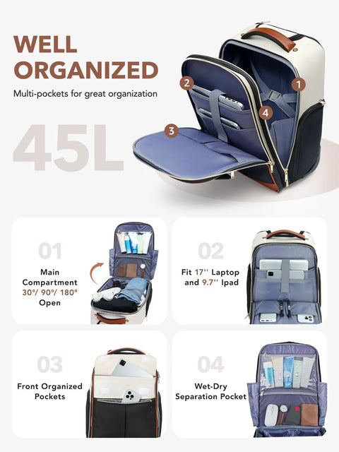 Two In One Rolling Backpack And Suitcase For Women with organized compartments and laptop space, 22-inch beige design.