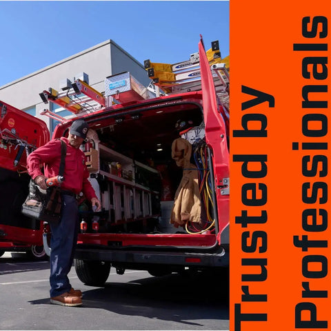 Professional maintenance worker accessing tools from organized van.