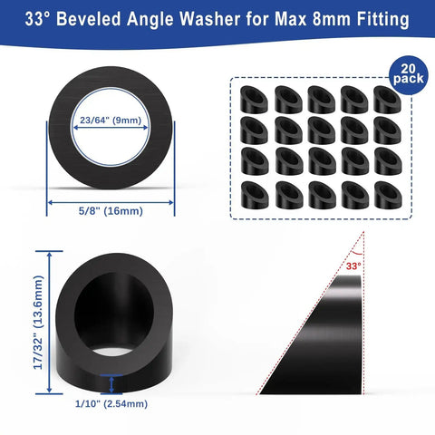20 Pack Black PVD Beveled Angle Washers For Stair Ends And Cable Railing Kit dimensions and features display