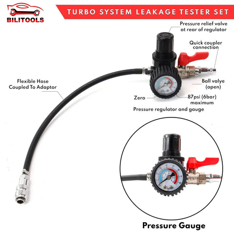 Turbo System Leakage Tester Kit for Turbocharger and Boost Lines Nine Piece Set With Low Pressure Shop Air pressure gauge and hose