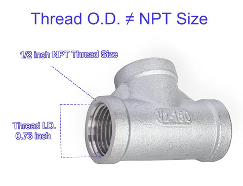 TL TOOLEGIN 1/2 in NPT stainless steel tee, female threaded pipe fitting, 304 SS, side view
