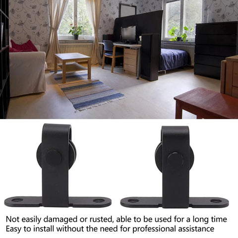 Quiet ABS Sliding Barn Door Hardware Kit For Double Doors With Bypass Track Flat Rail Low Ceiling Ready Easy DIY Install Space Saving Hardware System That Lets You Open Two Rooms Smoothly, shown with black ABS rollers and hardware.
