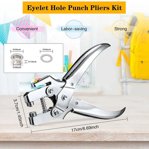 Eyelet hole punch pliers kit with three sixteenth inch grommet tool and dimensions display in a workshop setting