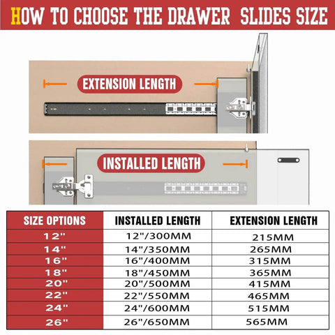 Size guide for 22 Inch Pocket Door Slides With Hinges For Cabinets, showing installed and extension lengths with chart.