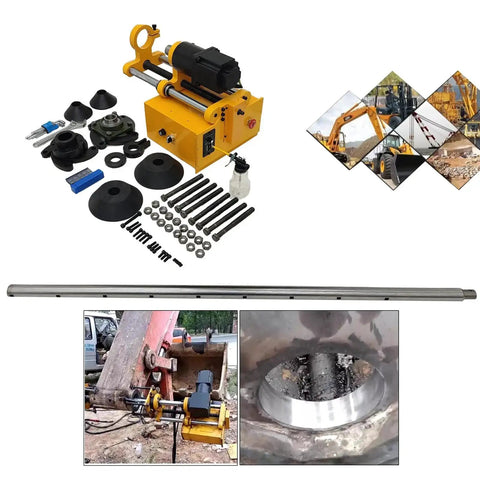 Portable 110V Line Boring Machine for Heavy Machinery and Excavator Repair with tools and alloy boring bar displayed.