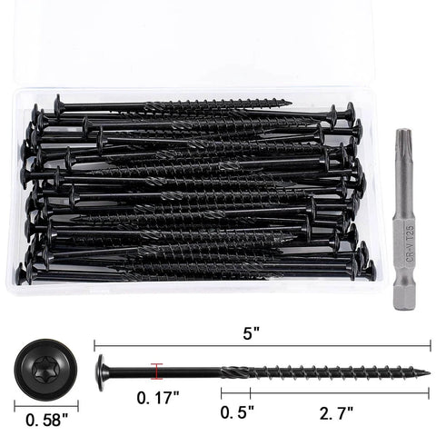 Heavy Duty 14 By 5 Lag Screws For Exterior Wood Decks And Timber, 50 Piece Set in box with Torx T30 bit and dimensions shown