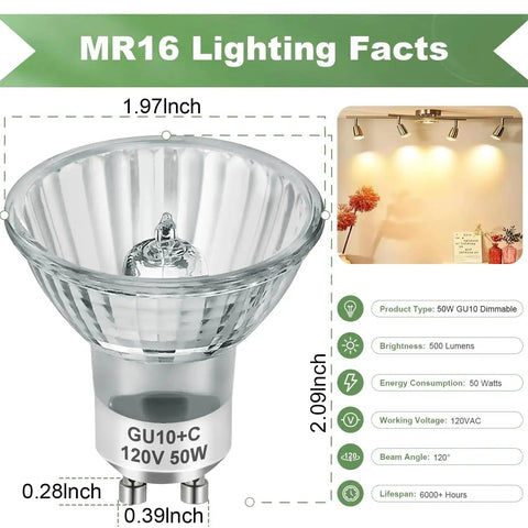 GU10 120V 50W Halogen Light Bulbs Pack Of 6 For Track Lighting With Dimensions And Lighting Output Details