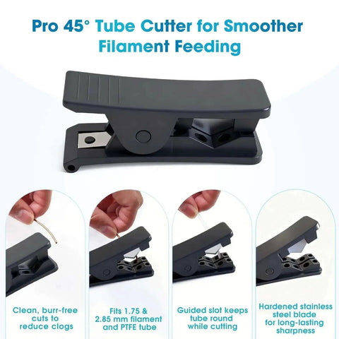 Pro 45° tube cutter for smoother filament feeding showing cutting tool and close-ups of handle, blade, and cutting examples.