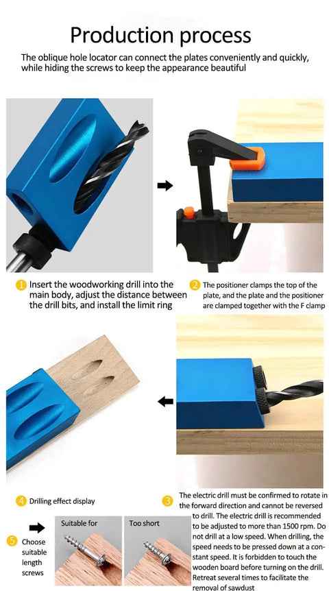 Pro Grade Pocket Hole Jig Kit With 15 Degree Dowel Drill Set And 6mm 8mm 10mm Drive Adapters For step-by-step woodworking process