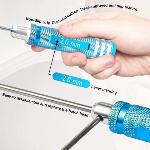 Close-up of blue 2.0mm hex key from All In One RC Hex Key Driver Set With Magnetic Tips Quick Change Allen Wrench