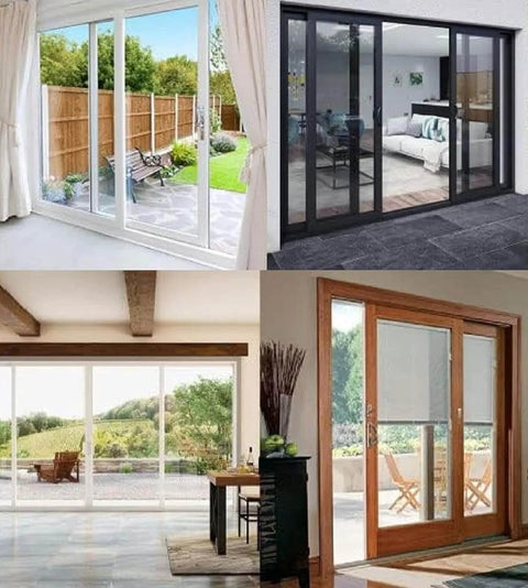 Four types of sliding glass doors showcasing Smooth Glide Sliding Glass Door Roller Kit DR-135 Pack Of 2 for patio and pocket doors.