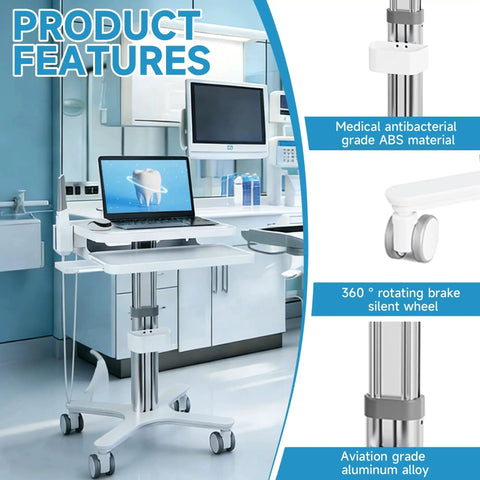 Dental clinic trolley cart with laptop tray and oral scanner holder; front view, aluminum alloy frame on braked wheels
