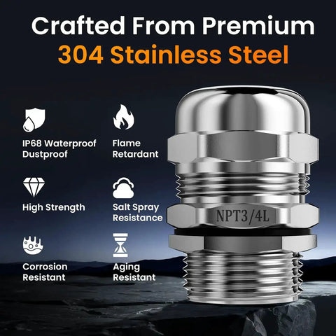 Two Pack Three Quarter Inch NPT Stainless Steel Cable Glands Waterproof IP68 Rugged Heavy Duty Metal Strain Relief Cord Grip