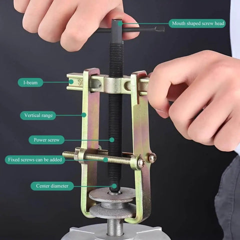 Close-up of a Two Jaw Gear Puller Four Inch Adjustable Gear Bearing And Pulley Removal Tool in use, showing screw details.