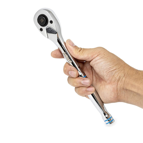 Hand holding Quick Release Ratchet Wrench Set With One Quarter Inch Drive, Three Eighths Inch Drive, And One Half Inch Drive, 100 Tooth Mecha...