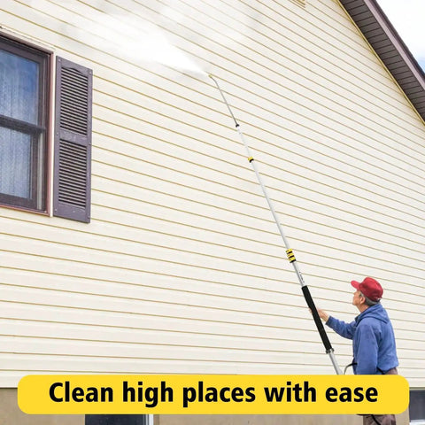 Man using Telescoping Pressure Washer Wand With 24 Ft Reach No Ladder Needed Extension Wand on house siding