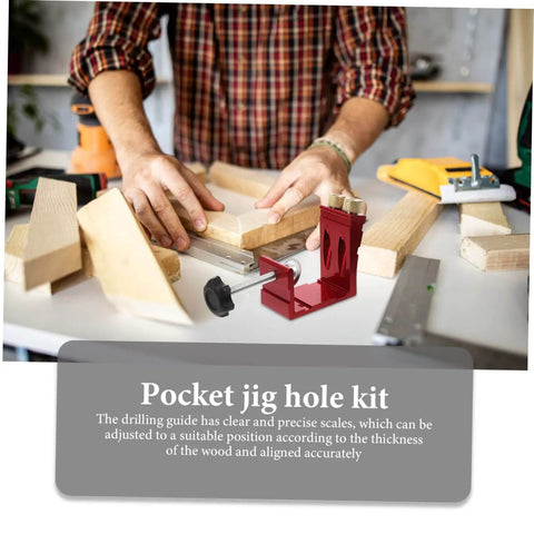 Pocket Hole Jig For Woodworking With Quick Clamp And Drilling Locator Guide Rail on a carpentry workshop table