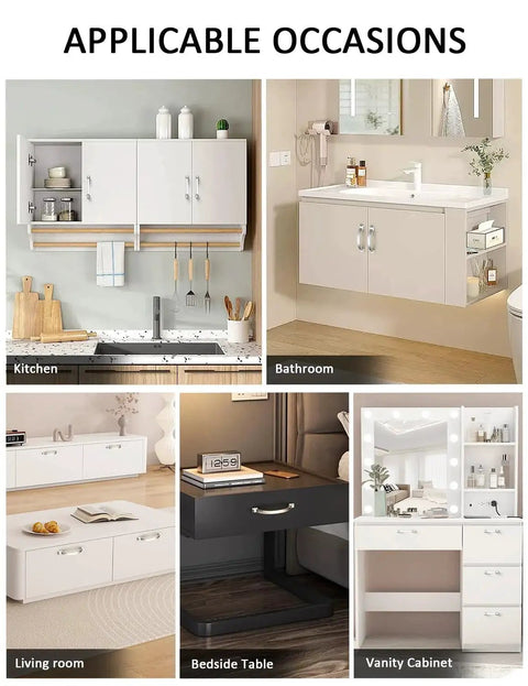 Applications of 10 Pack 4 Inch Satin Nickel Cabinet Pulls in kitchen, bathroom, vanity cabinets, living room, bedside table settings.