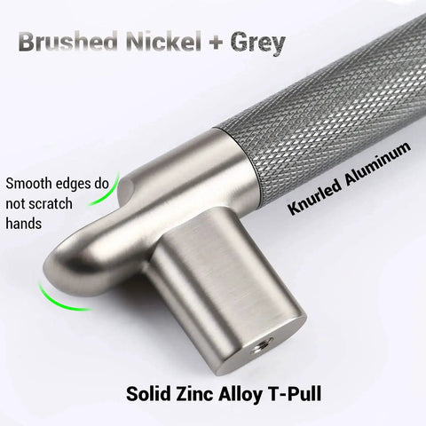 Close-up of knurled cabinet pulls three and three quarters inch center to center five pack in grey and brushed nickel, zinc alloy handle.