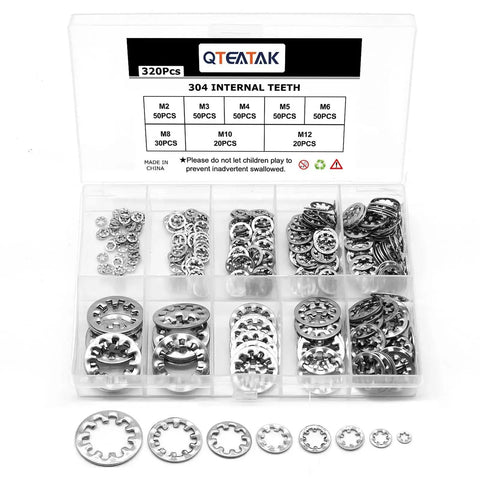 320Pcs Lock Washers Set With Internal Tooth Star Washers In 304 Stainless Steel 8 Sizes M2.5 M3 M4 M5 M6 M8 M10 M12 displayed in box
