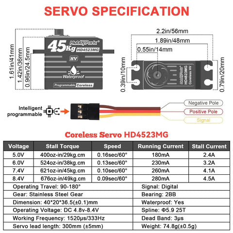 Waterproof 45Kg/cm Coreless HV RC Servo With Full Metal Gear 8.4V specifications chart with dimensions and features.