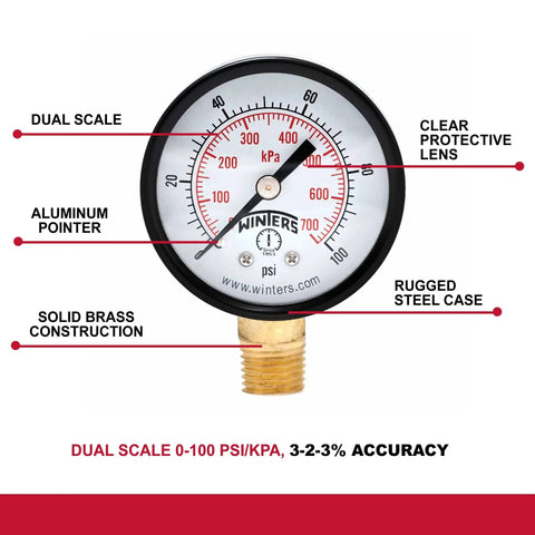 Front view of 2 Inch Dial Dry Pressure Gauge With Brass Internals And Black Steel Case Dual Scale 0 To 100 Psi And KPa, bottom mount
