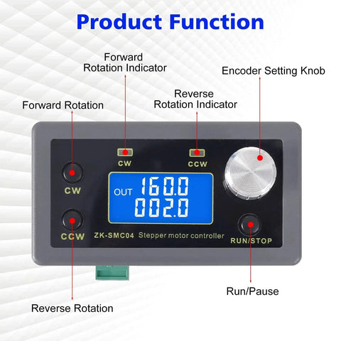 All In One Stepper Motor Driver Controller For NEMA 17 23 34 Motors With LCD display showing functions and controls