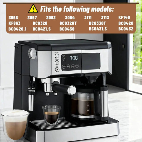 Front view of black stainless coffee maker with glass carafe, milk frother, and digital display.