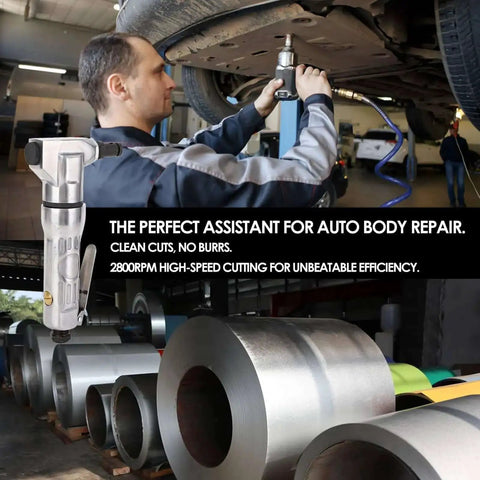 Beast Pro Grade Portable Pneumatic Metal Nibbler Cutter in use for auto body work, cutting metal with high hardness blade at 2800 RPM.