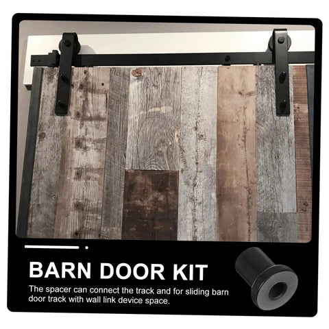 Close-up of 4 Piece Sliding Barn Door Track Spacers Replacement Carbon Steel Connector Hardware Kit installed on wooden door.