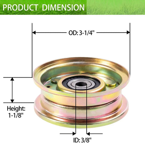 Flat Idler Pulley Replacement For MTD And Toro Lawn Mowers OTDSPARES with dimensions 3-1/4" OD, 1-1/8" height, 3/8" ID.