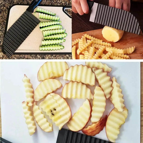 Crinkle Cut Potato Cutter For Veggies And French Fries Stainless Steel Blade 2.9 By 11.8 Inches Wavy Slicer Knife in use