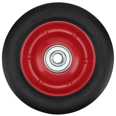 Front view of 8-inch solid rubber wheel, red center, 0.5-inch axle hole, part of Four Pack 8 Inch Solid Rubber Wheels For Hand Trucks Flat Free Quiet Durable Replacement Wheels With One Half Inch Axle Hole 220 Pound Load Capacity Rust Resistant No Flats Built For Tough Jobs