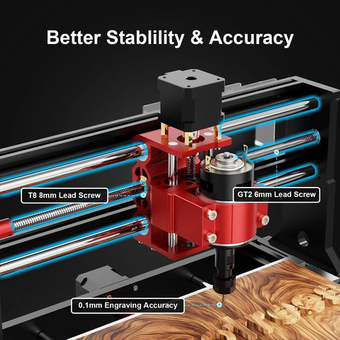Detailed view of the upgraded metal Z axis desktop CNC router for engraving and milling, highlighting lead screws and accuracy features.