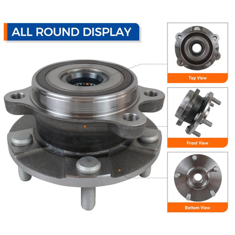 Front Wheel Hub And Bearing Assembly 513257 That Fits 2010-2012 Lexus HS250H, 2011-2016 Scion TC, shown with top, front, bottom views
