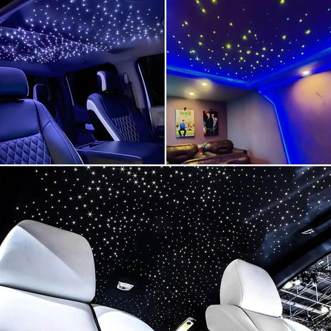 Mini 6W RGBW Fiber Optic Star Ceiling Kit installed in car and home, creating twinkling starry sky effect with app and remote control.