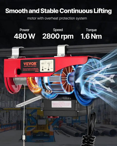Wireless Remote Control Electric Hoist 110V 440lb Lift 40ft Or 20ft Heights with 480W motor displayed in a workshop setting