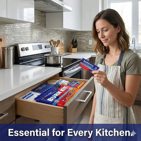 Woman in kitchen holding Complete 25 Piece Burn First Aid Kit With Hydrogel Dressings And Burn Gel For Fast Relief, open drawer