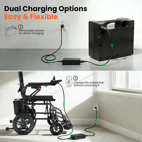 Front view of black SUNDERWELL foldable electric wheelchair with removable battery and charger.
Installed view shows black wheelchair plugged into wall with external charger on floor.