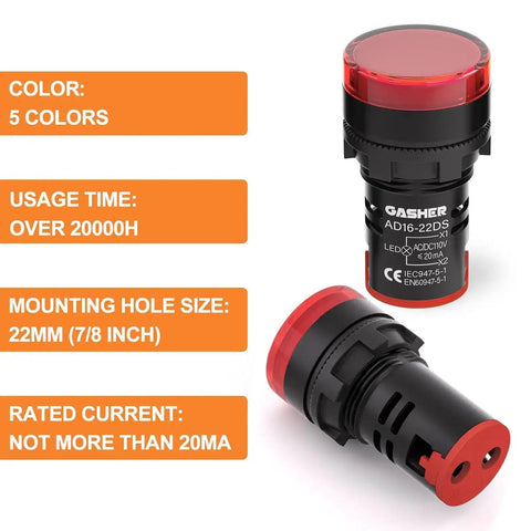 Energy Saving LED Indicator Light Kit 12V 24V 110V 20mA Multi Color 22mm Mounting Hole showing red indicator.