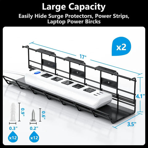 2 Pack Under Desk Cable Management Tray Set holding power strip, showing metal build and dimensions for office or home workstations.