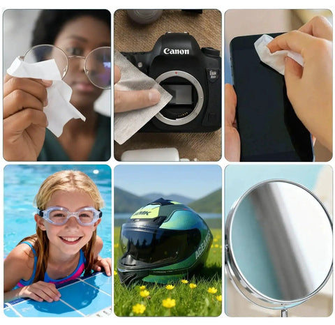 Collage showing various uses of Anti Fog Wipes For Glasses And Lenses 100 Pack Pre Moistened Quick Dry on glasses, cameras, and helmets.