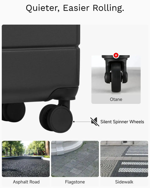 Close-up of silent spinner wheels on black Three Piece Luggage Set Expandable Hardside Suitcases with TSA Lock, smooth rolling on various surfaces.