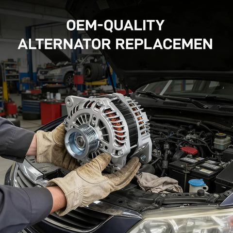 Mechanic installing a Beefed Up 150A Direct Fit Alternator Replacement For Nissan Murano 2015-2017 V6 3.5L under hood