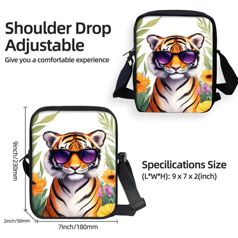 Hands Free Crossbody Sling Bag For Women And Men Ultra Lightweight Everyday Chest Pack With Adjustable Strap And Zipper Small Messenger Style Bag For Travel Work And Daily Use Tiger Print With Sunglasses